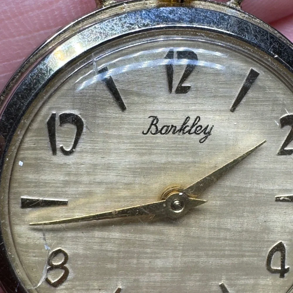 Vintage Barkley Swiss Made Pocket Watch Linen Dial Embossed Scroll Back